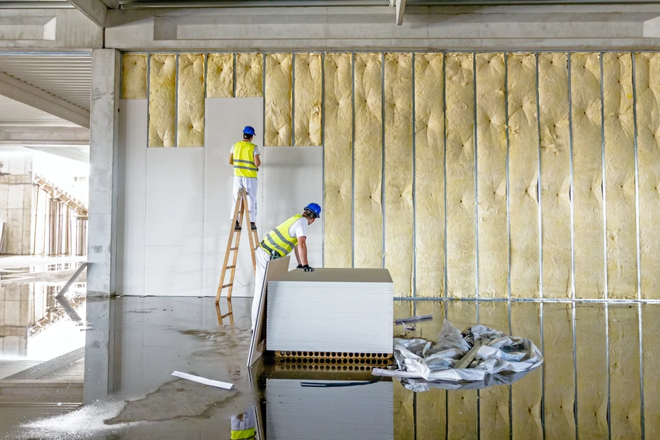 Chantier de construction intérieur avec deux ouvriers en gilets haute visibilité jaunes et casques bleus installant l'isolation thermique